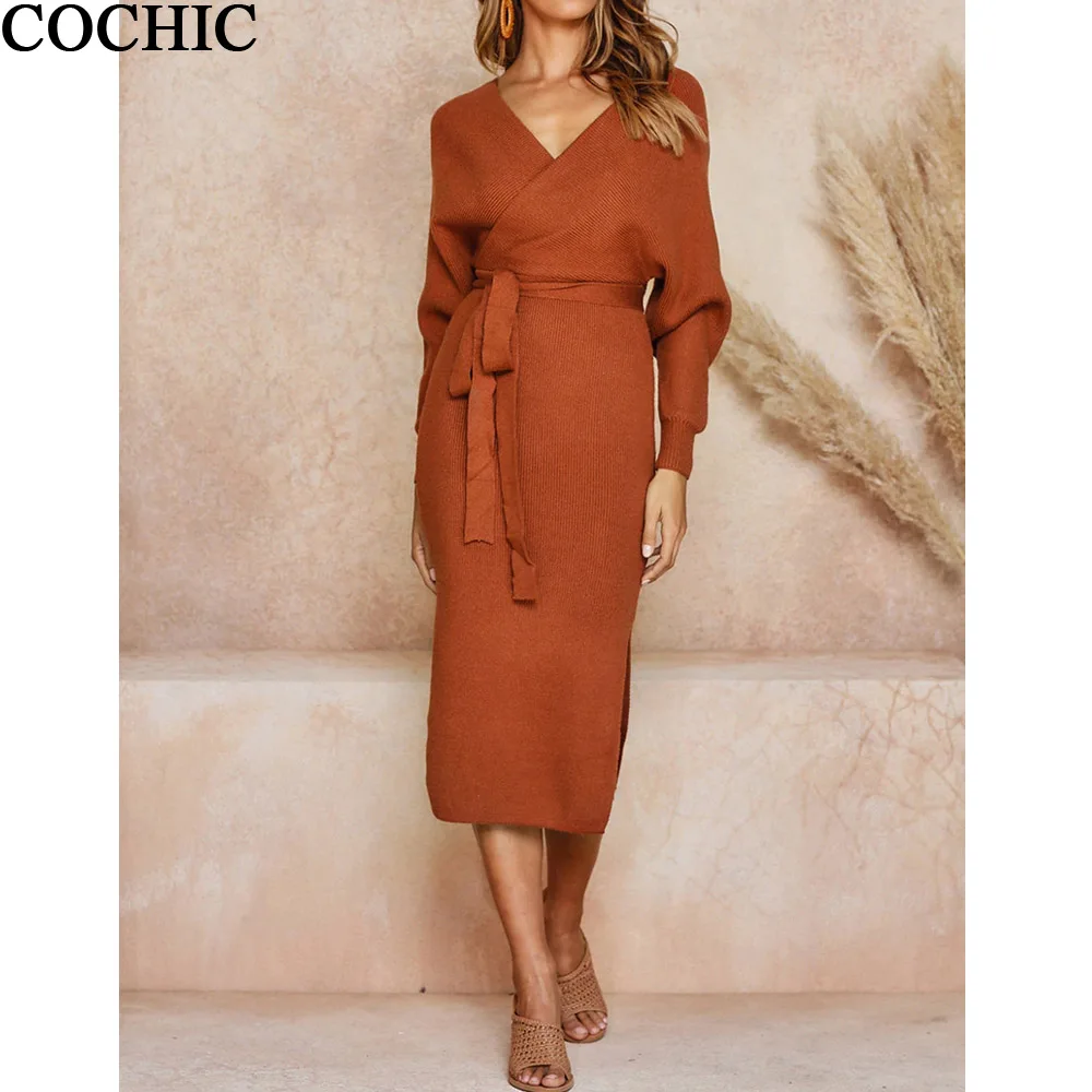 Женское вязаное платье с V образным вырезом однотонное на шнуровке длинным