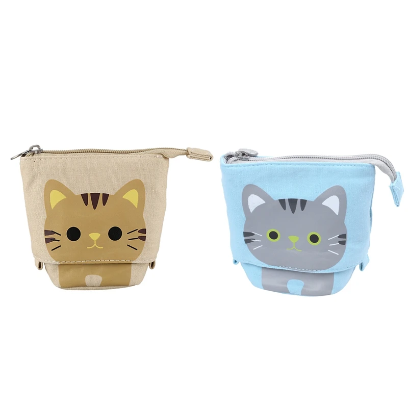

PPYY-2x Canvas Cartoon Cute Cat Telescopic Pencil Pouch Bag Stationery Pen Case Box with Zipper Closure -Blue & Khaki