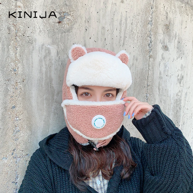 Зимняя женская теплая Толстая кашемировая шапка-бомбер с милым медведем