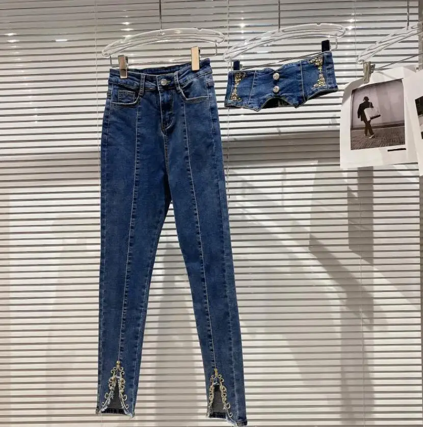 

Fashion Blue Denim Jeans Women New Retro Embroidered High Waist with Seal Split Stretch Pencil Pants Trousers s644