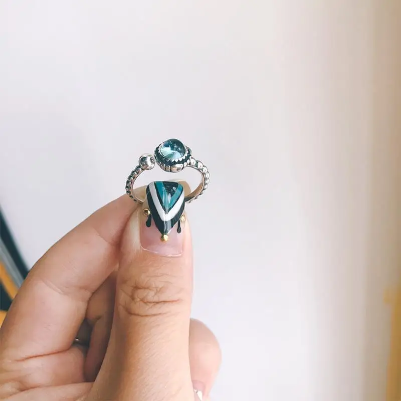 

New original design creative round bead topaz opening adjustable ring boho charm retro women's brand silver jewelry