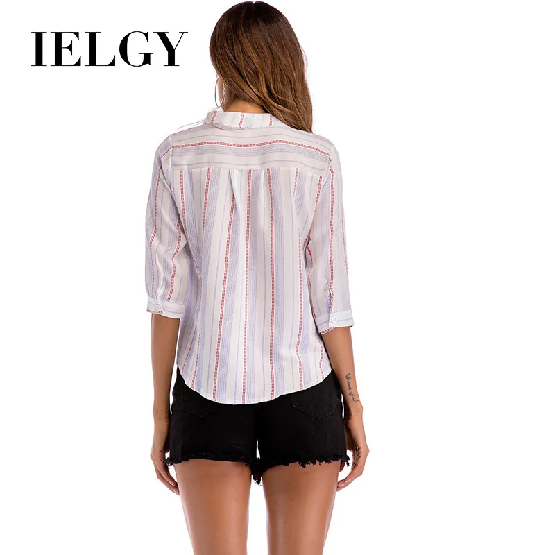 

IELGY women blouses Women's Collar Striped Cropped Sleeve Shirt