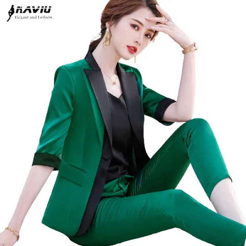 

Naviu 2022 New Spring Fashion Patchwork Design Half Sleeve Small Blazers For Women Coat Two Pieces Set Office Lady Work Wear