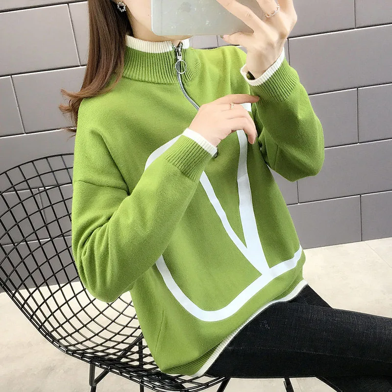 

Autumn Sweater Women Half High Neck Zipper New Korean Version Loose Bottoming Shirt Outer Wear Western Style Women's Trend