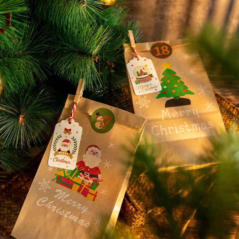 JOYBOS Navidad llegada 24-pieza bolsa de regalo para caramelos bolsa Kraft bolsa embalaje de papel calcoman&iacute;a Merry Christmas con Clip bolsa de regalo de chocolates-3