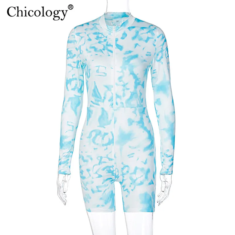 

Chicology Tie Dye Stretch Playsuit Zip Up Long Sleeve Bodycon Romper Women 2020 Sexy Club Outfits Winter Fall Sporting Clothes