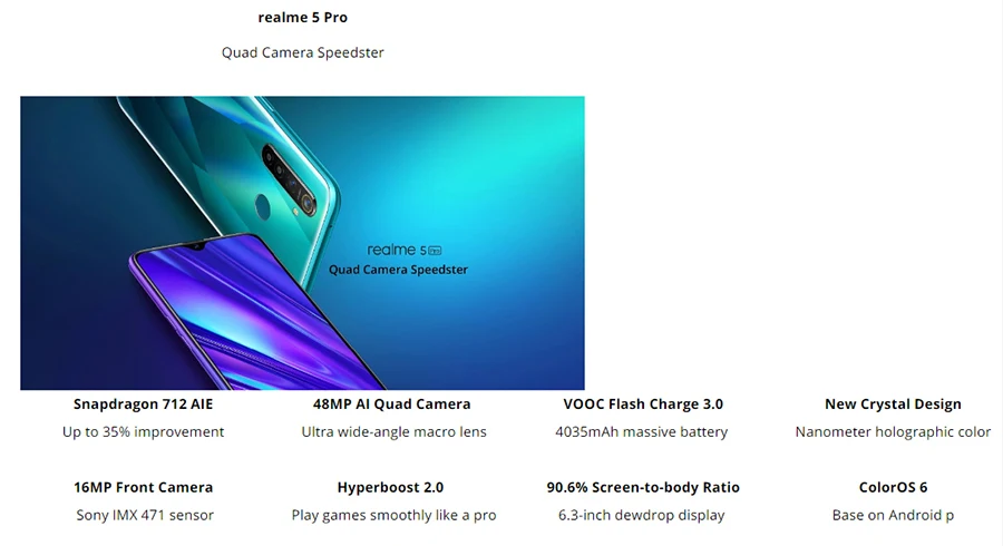 EU версия OPPO Realme 5 Pro 6,3 ''4/8 ГБ Оперативная память 128 Гб Встроенная память Восьмиядерный 4035 мА/ч, 48MP+ 16MP Quad камеры, быстрая зарядка, мобильный телефон