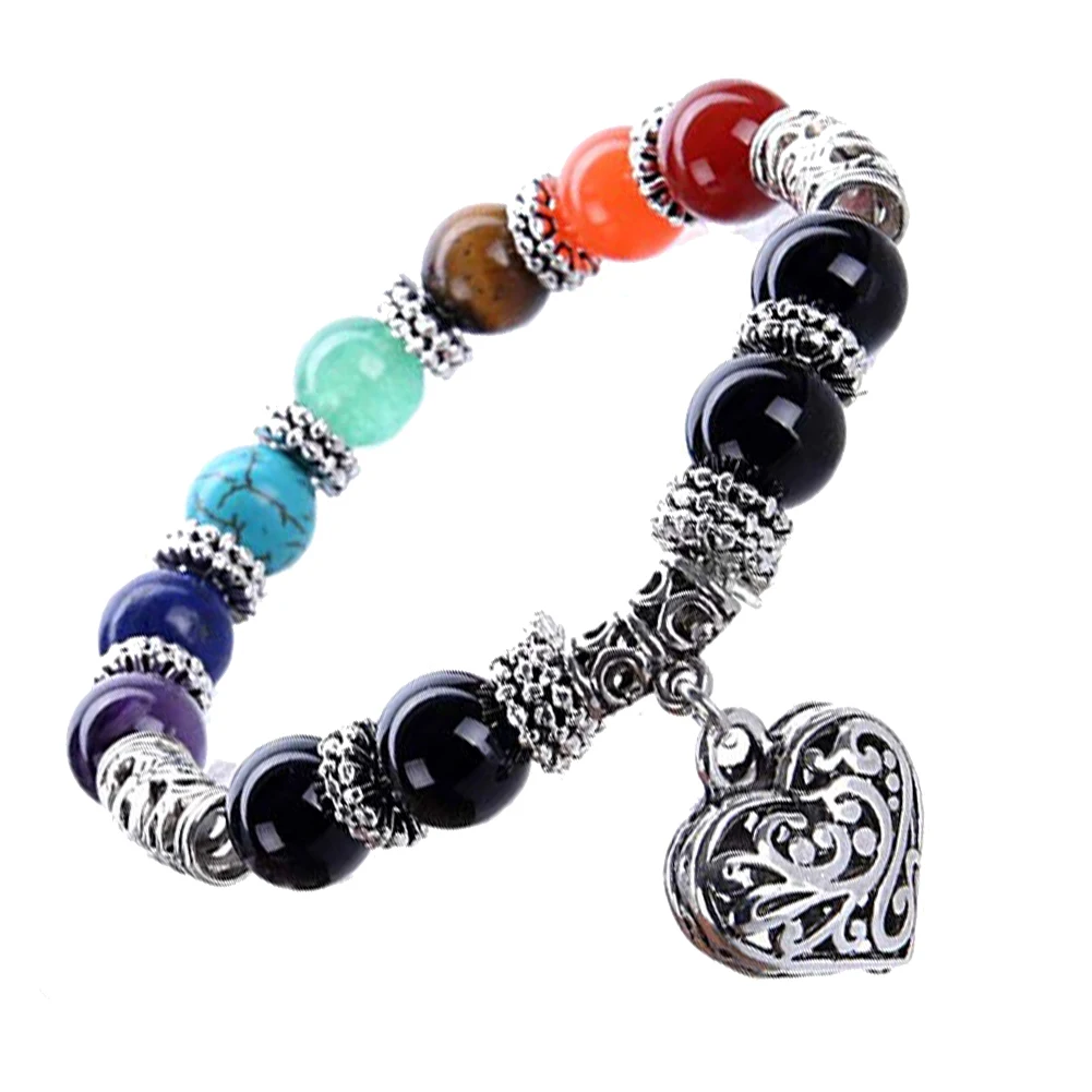 Vintage 7 Chakra Balance Stone Beaded Bracelet Women Heart Charm Bangle Gift | Украшения и аксессуары