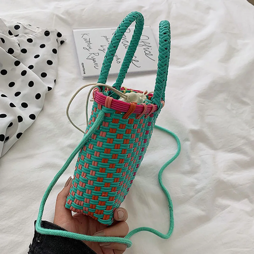 Женская плетеная пляжная сумка корзина для покупок полосатая ручная вязаная