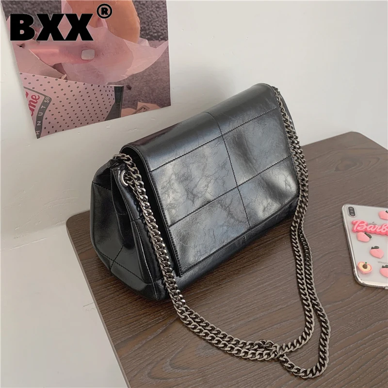 

[BXX] Woman New Metal Chains Solid Color Luxury PU Leather Personality All-match Crossbody Shoulder Bag Fashion Tide 2021 GF0242