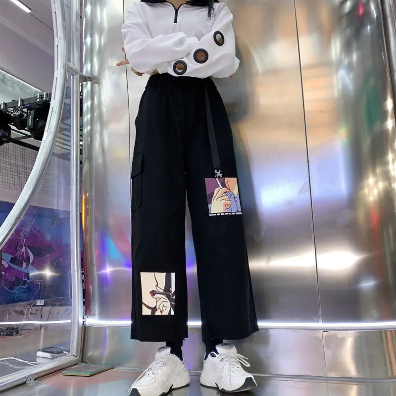 

Japanese Wide Leg Cargo Pants Harajuku Cartoon Printed Ankle Trousers 2020 spring Autumn Stretch Waist Pants with Belt