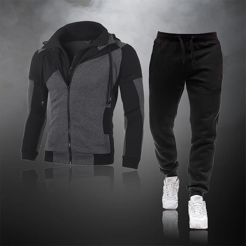 

Men's Two Piece Set Tracksuit Warm Patchwork Zipper Hoodie Jacket+Sport pants Jogging Male Sports Set Winter