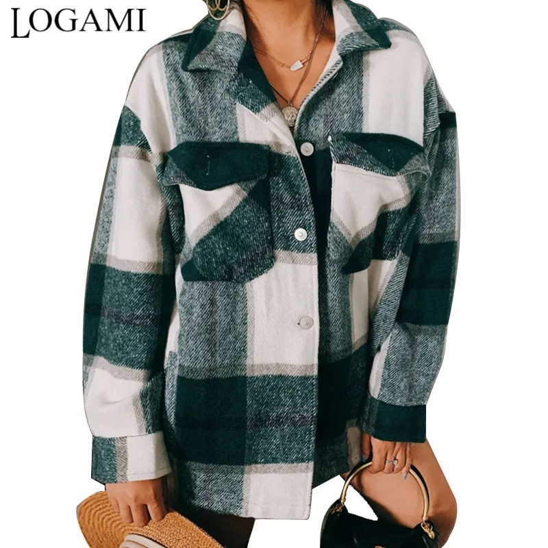 

LOGAMI Women Plaid Cotton Shirts Spring Autumn Thick Jackets Coat Elegant Ladies Turn Down Collar Shirts Green