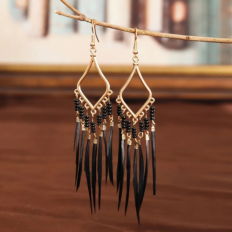 Women Earrings Fashion Feather Pendant Vintage Long Tassel Dangle Accessories Trend Goth Nation Style Woman Earring Jewelry images - 6
