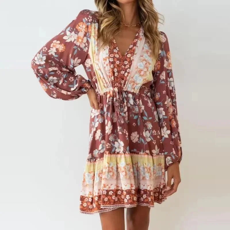 

Sexy V Neck Puff Sleeve Button Dress Bohemia Print Women Mini Dress Autumn Belt Drawstring Elegant Design Dress Robe