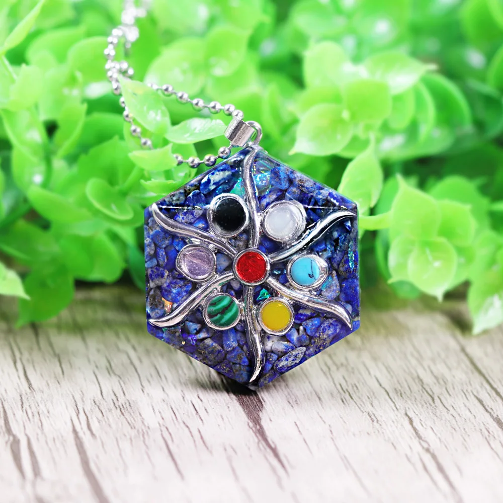 

Orgone Energy 7 Chakra Pendant Lapis Lazuli Orgonite Balancing Chakra Healing Crystal Reiki Charged Yoga Jewelry