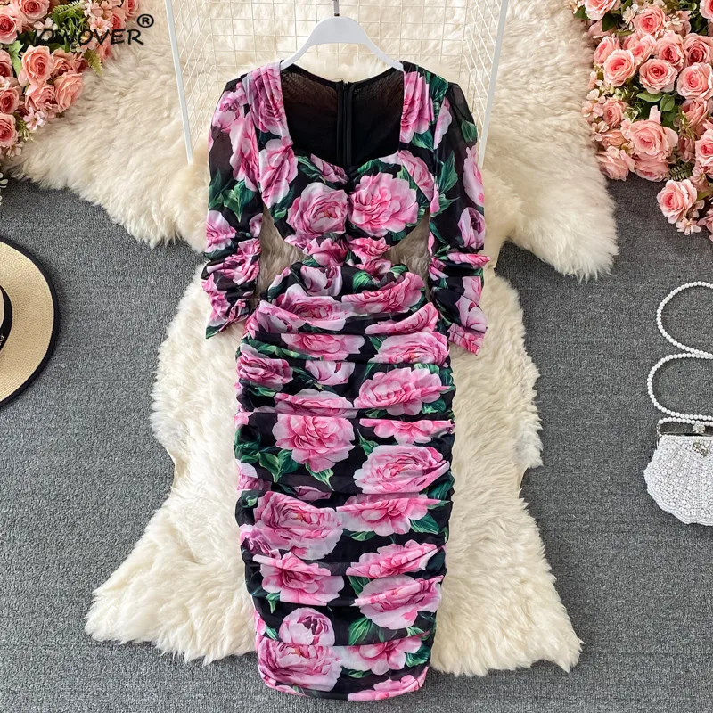 

Elegant Lady Full Sleeve Floral Print Draped Sheath Bodycon Mesh Dress Runway Women Midi Robe Femme Spring Party Sexy Vestidos