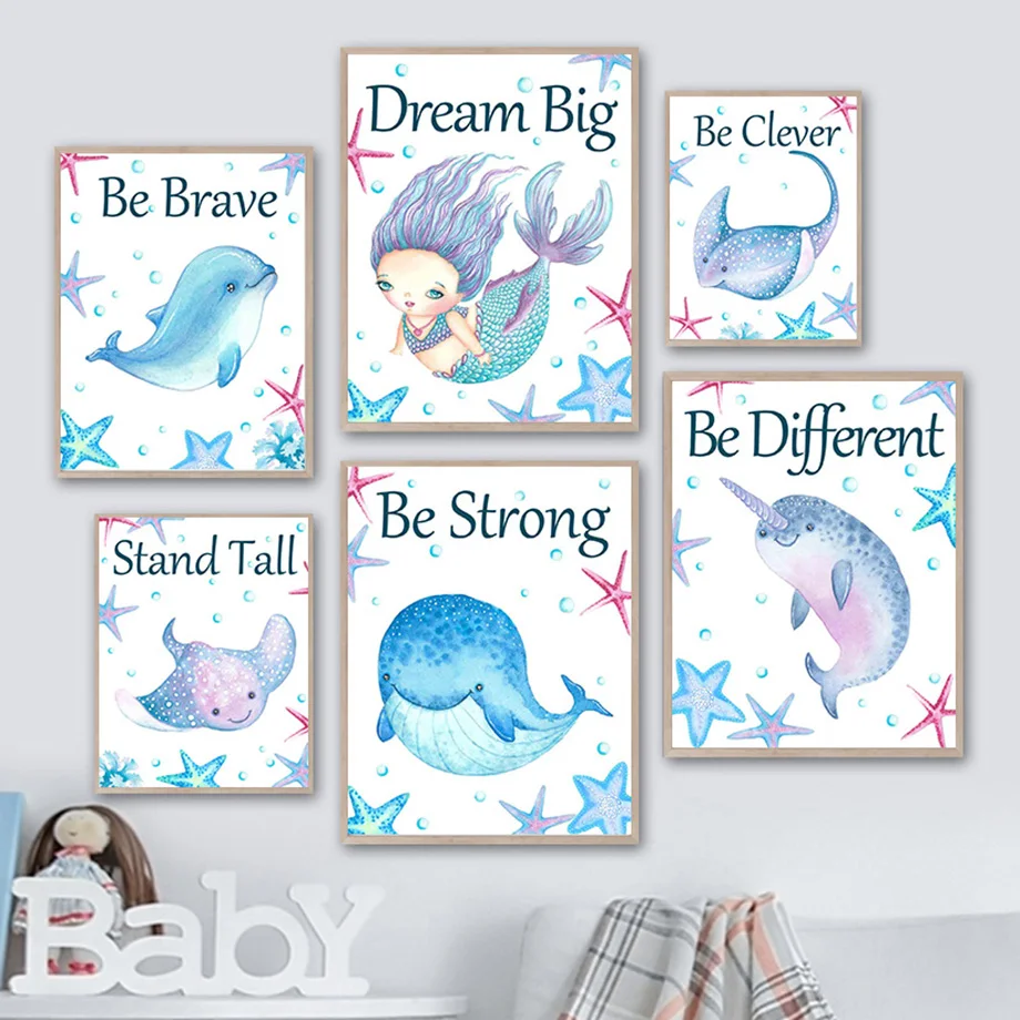 

Mermaid Dolphin Narwhal Whale Ray Marine Life Wall Art Canvas Painting Nordic Posters And Prints Wall Pictures Kids Room Decor
