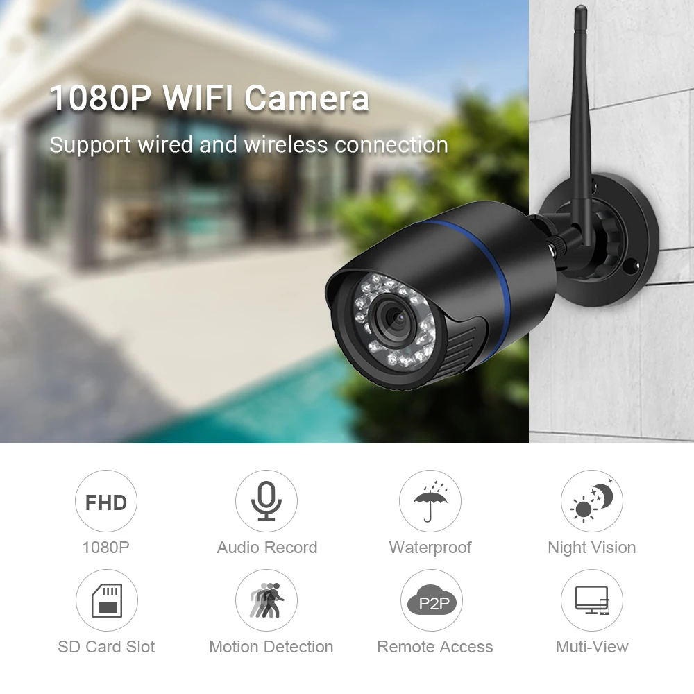 Hamrolte Yoosee Wifi камера HD 1080P пуля наружная Onvif Беспроводная камера Аудио запись Обнаружение движения удаленный доступ RTSP