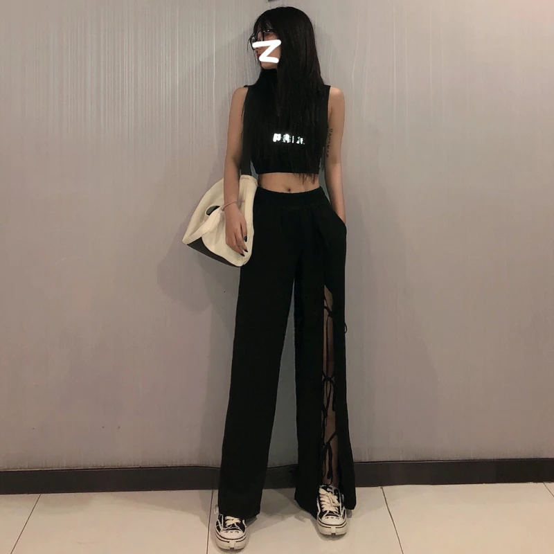 Женские повседневные брюки SHENGPALAE черные свободные с высокой талией и вырезами в