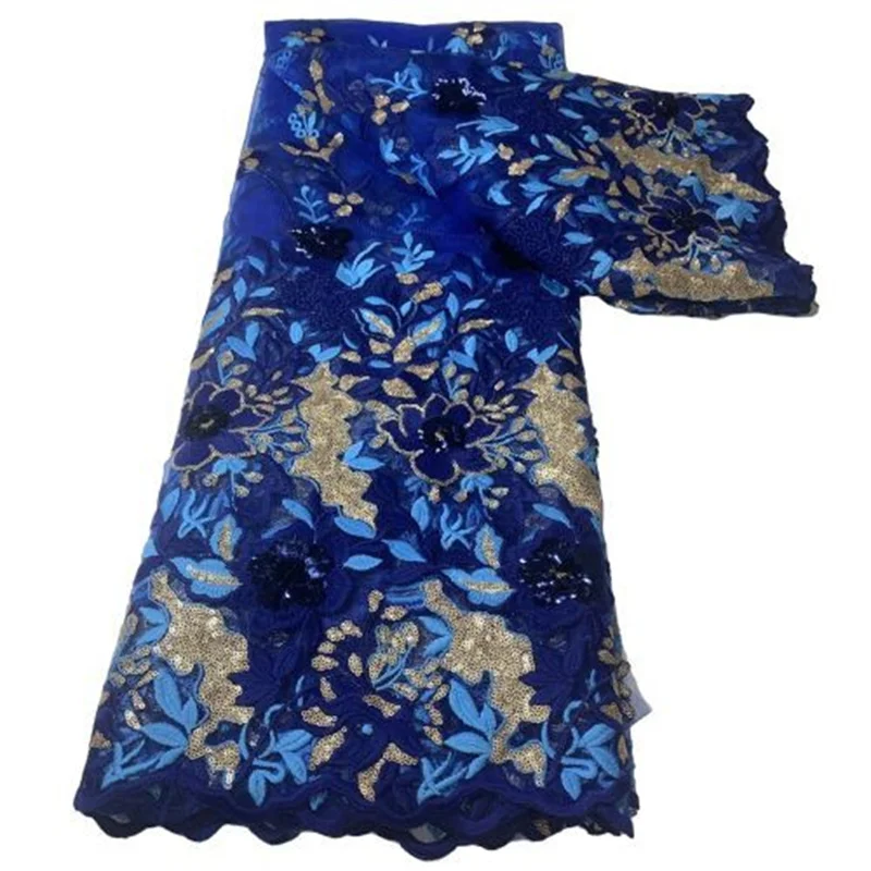 

Синяя модная африканская кружевная ткань, 5 ярдов, блестки, нигерийский тюль, кружевная ткань, 3d цветок, высокое качество для свадебной вечеринки, «сделай сам», шитье