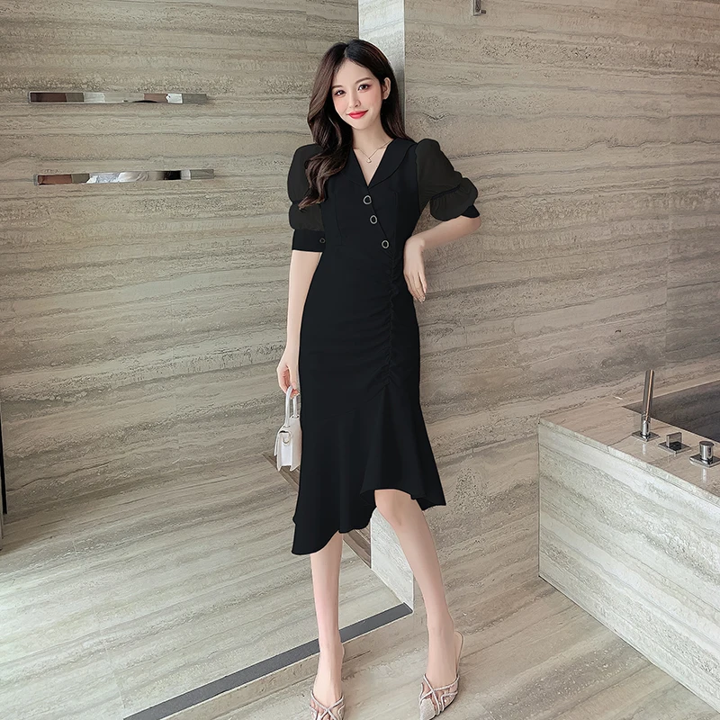 

Korejepo Women Dress 2021 Summer New Sweet Mesh Stitching Short Sleeve Ruffled V-neck Mermaid Knee-Length Long Dress Office Lady