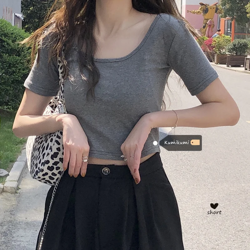 

Women Shirt Square Neck with Short Bottomed Shirt Top Women's Summer 2021 New Black Versatile Slim Short Sleeve T-shirt