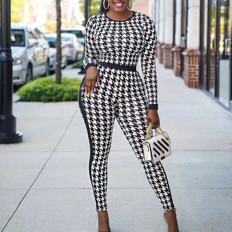 

Женский Длинный комбинезон с принтом, повседневный Облегающий комбинезон в клетку с длинными рукавами и круглым вырезом, осень 2022