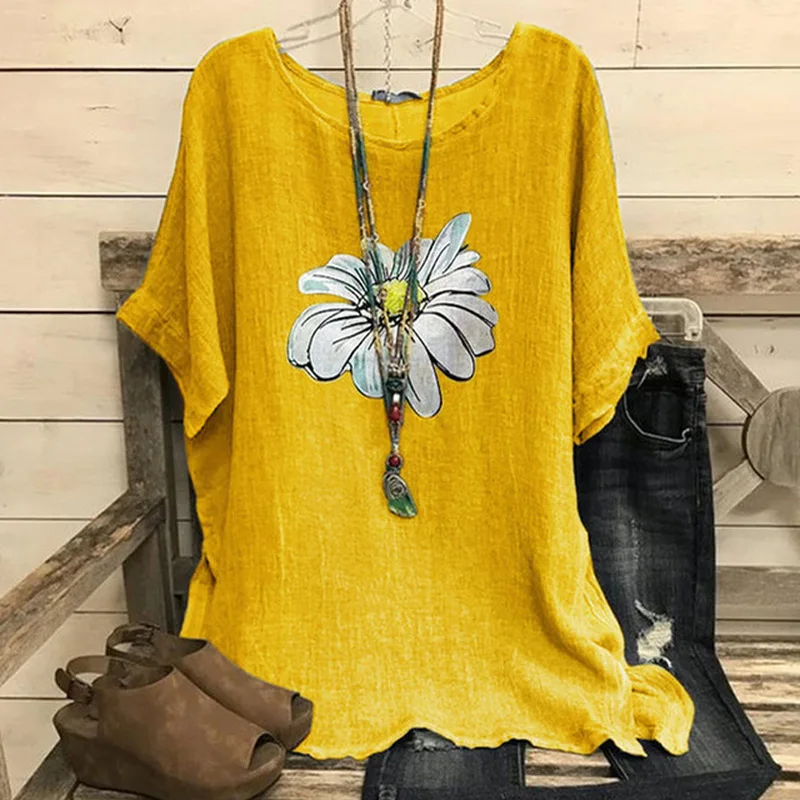 Блузка женская с круглым вырезом из хлопка и льна |