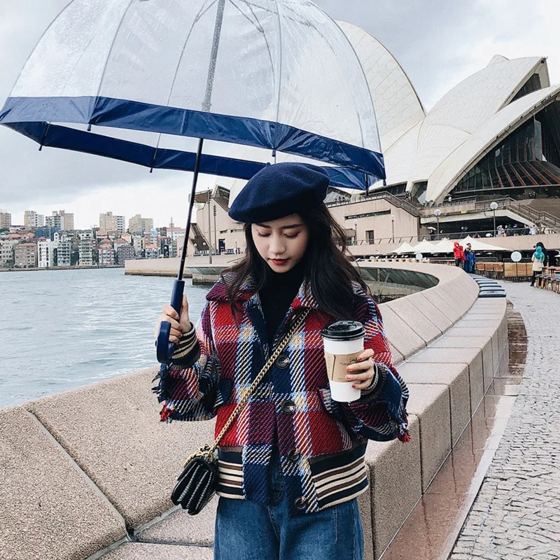 Свободное клетчатое пальто Харадзюку с кисточками и длинным рукавом Осень-зима