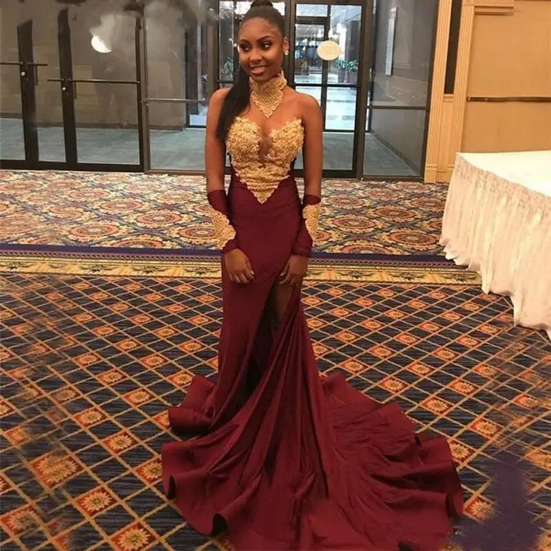 

Black Girl Burgundy Long Sleeve Evening Dress Mermaid Prom Dresses High Neck Gold Appliques Split Sice Dubai Evening Dress