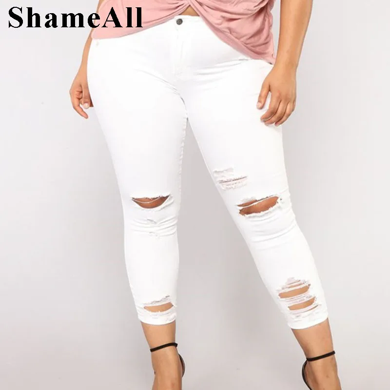 

Plus Size Ripped Holes White Skinny Capris Jeans Women 4XL 5XL Fall Distressed Slim Casual Jeans Pencil Denim Pants Mom Jean