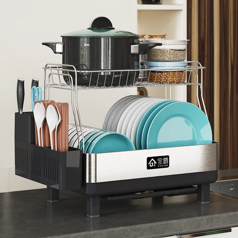 

Korean Style Kitchen Bowl Rack Stainless Steel Shelf Double Layer Air Dish Rack Household Utensils Storage