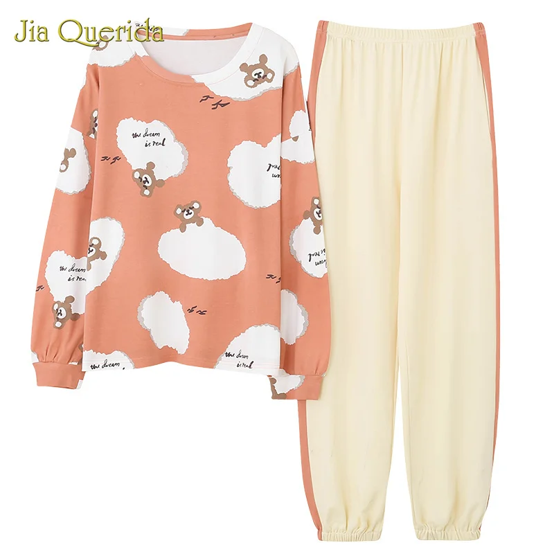 Cotton Cartoon Printing Long Sleeve Loose Top Crew Neck Pajamas Plus Size Women Set Pants Pj Fashion | Женская одежда