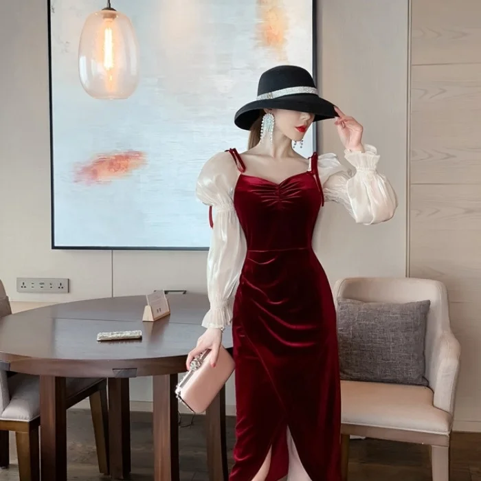 Женское бархатное платье в стиле ретро элегантное французское с пышными