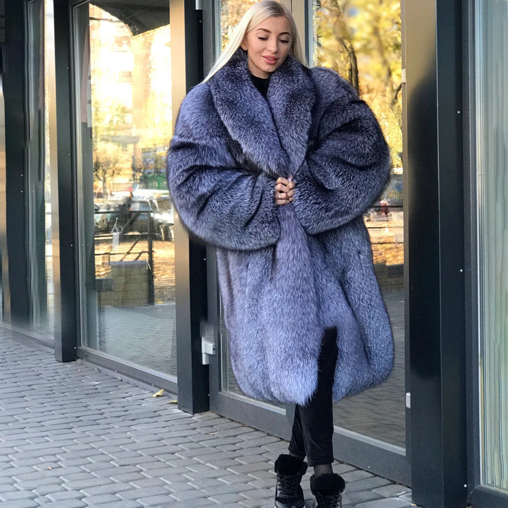 TOPFUR Fashion Natural Blue Fox Winter Loose Coat Women Leather Jacket Real Fur Coat Women Full Sleeves Lapel Collar