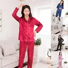 Женский Шелковый Атласный пижамный комплект, однотонная Пижама для пар с длинным рукавом, костюм для сна, Размер 2XL, Лидер продаж
