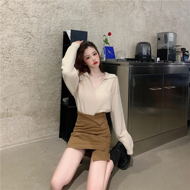 

V-Neck Knitted Women Sweater Pullovers Solid Vintage Pockets Streetwear Korean Sweaters Sweet Casual Fashion Top Clothing