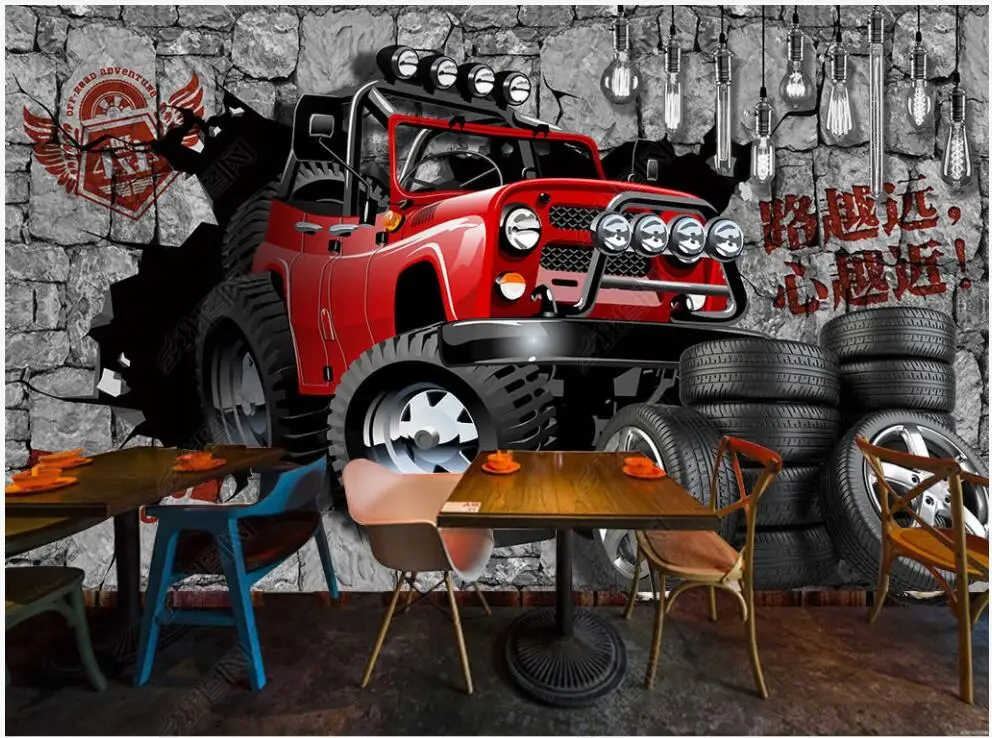 

3d photo wallpaper custom mural Retro 3D brick wall car breaking through the wall 3d wall murals wallpaper in the living room