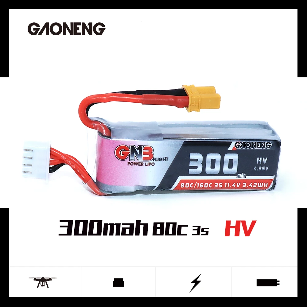 

Gaoneng GNB 3S1P 300mah 11.4V 80C/160C HV Lipo Battery With XT30 Plug For BETAFPV Beta75X 3S Beta65X 2S Whoop Drones Parts