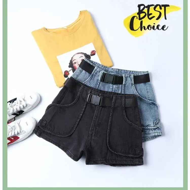 

Black Denim Shorts female 2021 spring and summer new style Hong Kong style retro slim high waist Korean loose A-line hot pants