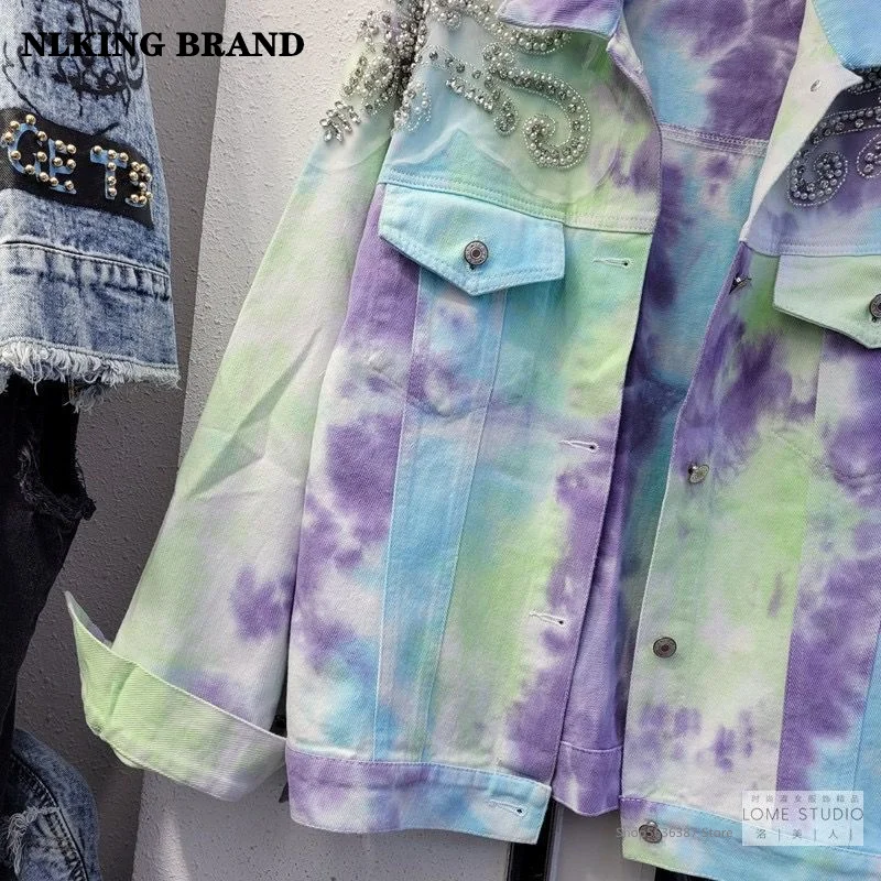 

Tie-Dye Color Heavy Industry Beaded Denim Jacket Women's Spring 2021 New European Goods Trendy Fashion Loose Long-Sleeved Jacket