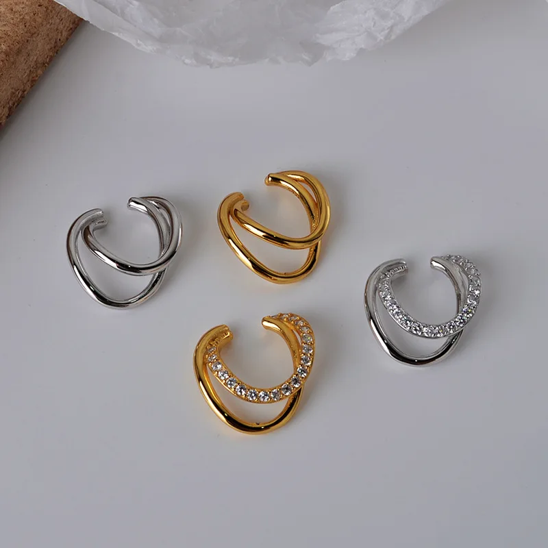 

11.5mm ONLY 1PC (No pierced) Authentic 925 Sterling silver White/ Gold Irregular Wave Two-Rows CLIP Earrings jEWELRY TLE1116