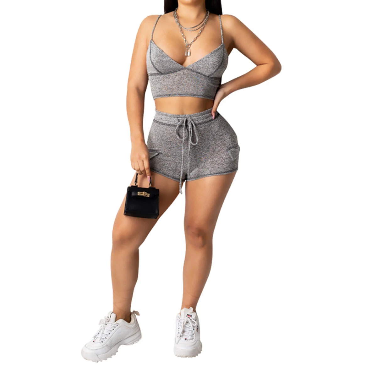 

2020 Casual Women's 2 PCS Outfit Set Fitness Exercise Sport Set Solid V-Neck Camis Crop Top+ High Waist Short Clothes Sets