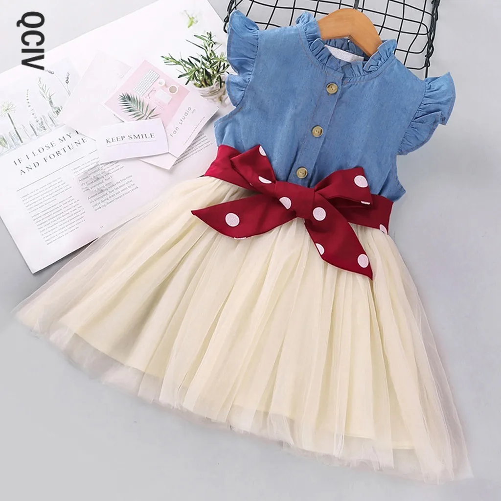 

Kids Girl Dress Casual Denim Gauze Patchwork Dresses Toddler Baby Child Bowtie Princess Dresses For Girls 2 3 4 5 6 7 Years