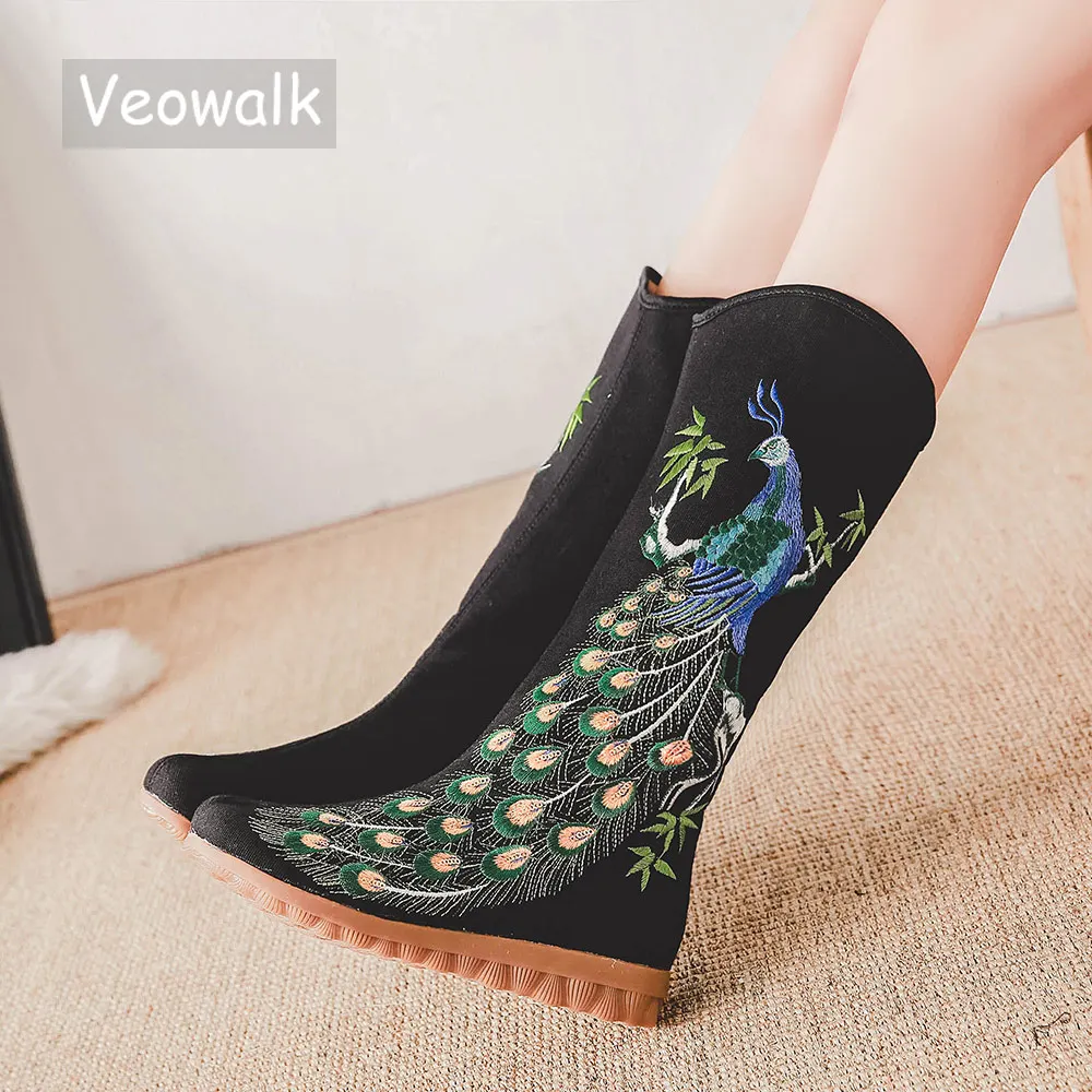 Veowalk/осенние повседневные женские ботинки средней высоты из хлопка с вышивкой в