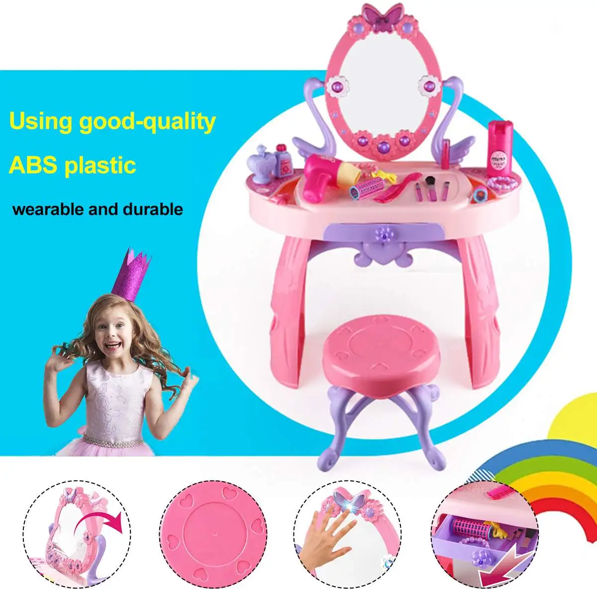 

360° Rotation Pretend Play Kid Make Up Toys Pink Makeup Set Princess Hairdressing Simulation Plastic Toy For Girls Role Play