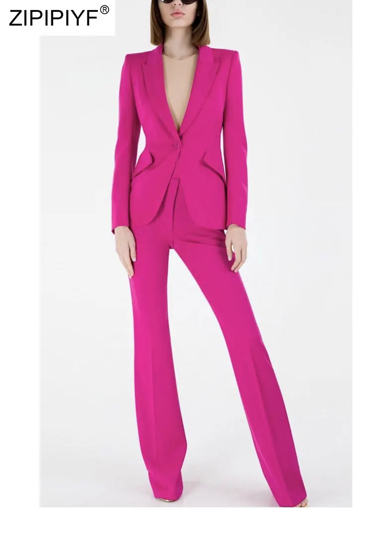 

2021 Summer Runway Fashion Simple Design Notched Neck Long Sleeve Office Lady Blazer High Waist Skinny Zipper Up Women Suit Z216