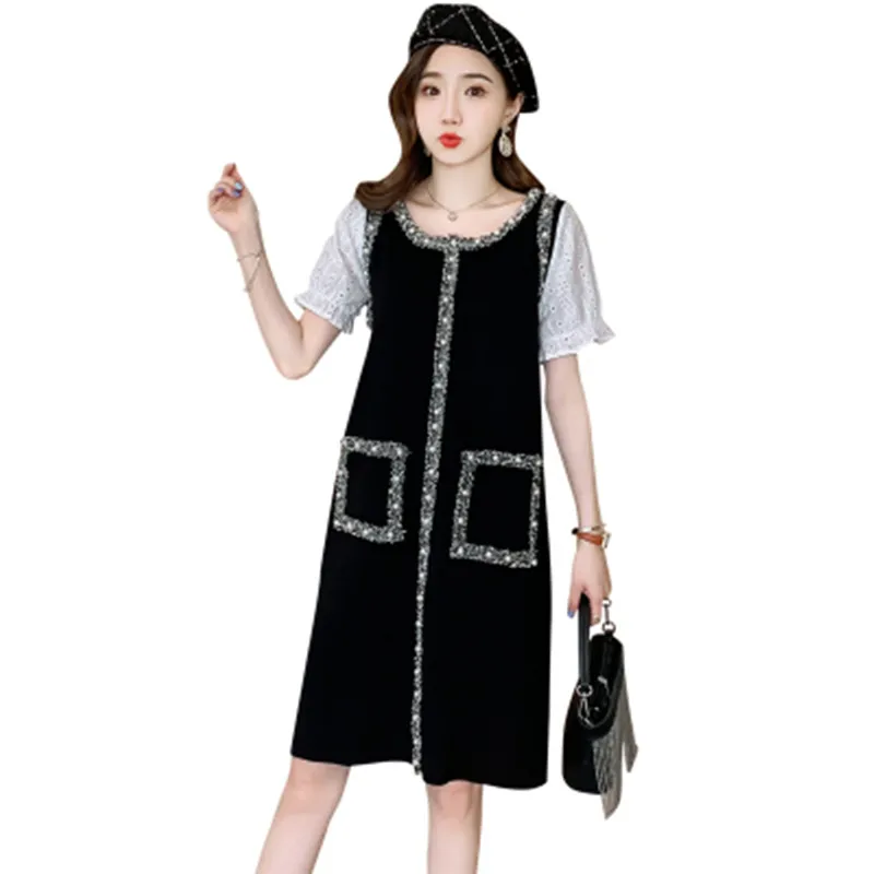 

China's lowest price 2022 Summer Fashion Vintage Patchwork Knitted Dress Women Spring Fall Slim A-line Dress Kawaii