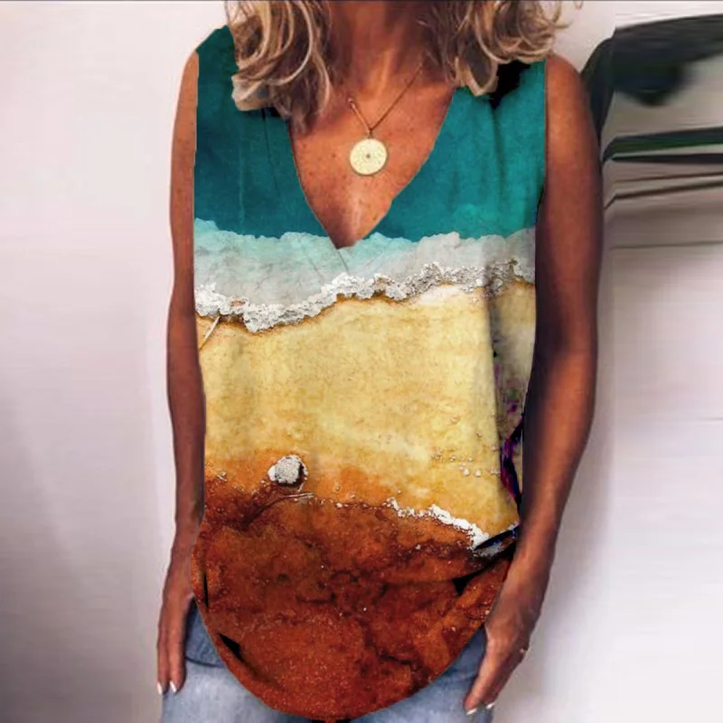 

2021 Women Casual V Neck Print Blouses Shirts Summer Loose Sleeveless Pullover Tops Ladies Fashion Landscape Color Pattern Blusa
